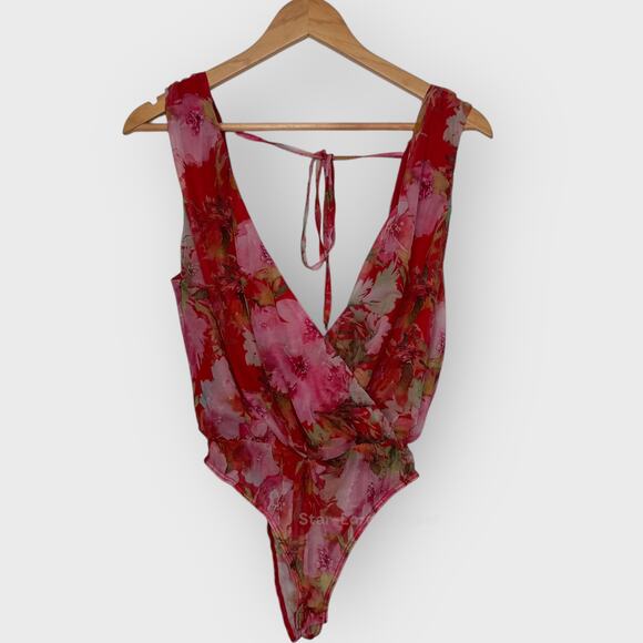 Lulus Sheer Mesh Floral Bodysuit Sm Red Pink Plunge Tie Back Romanticcore Chic - Picture 1 of 5